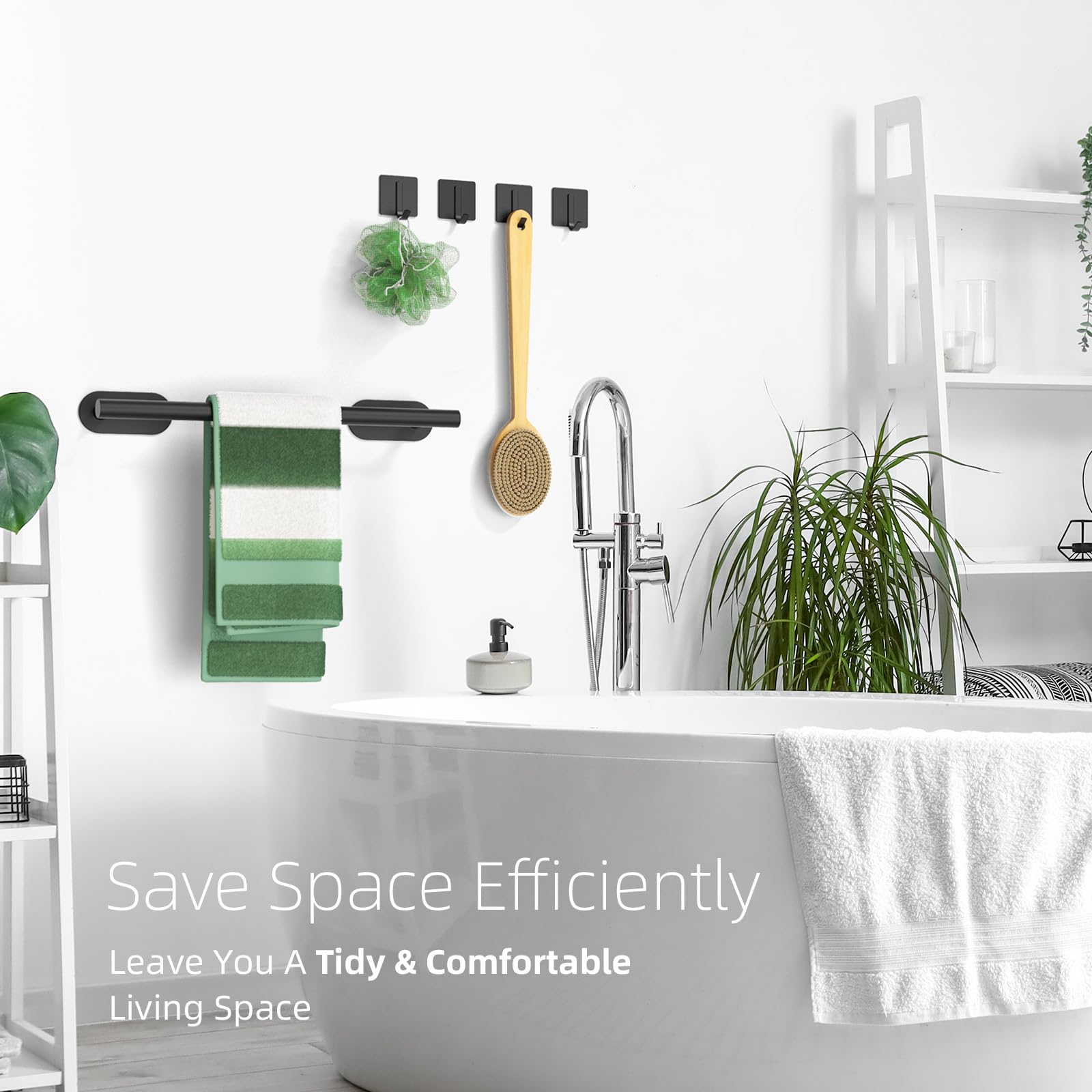 Batur 5 Pack Towel Holder, Towel Racks For Bathroom Self Adhesive, 16'' Towel Bar With 4 Pack Towel Hooks, Premium Hand Towel Ho